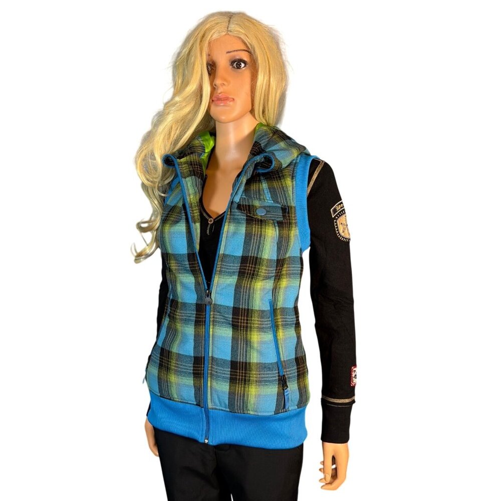 Burton Dryride Vest Women’s S Blue Green Plaid Zip Up Hoodie Jacket Vest